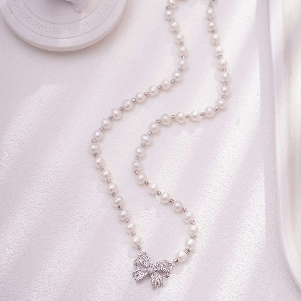 【Necklace】Silver Elegant Natural Freshwater Pearl Necklace with Shining Zircon Accent, Perfect Jewelry for Lover