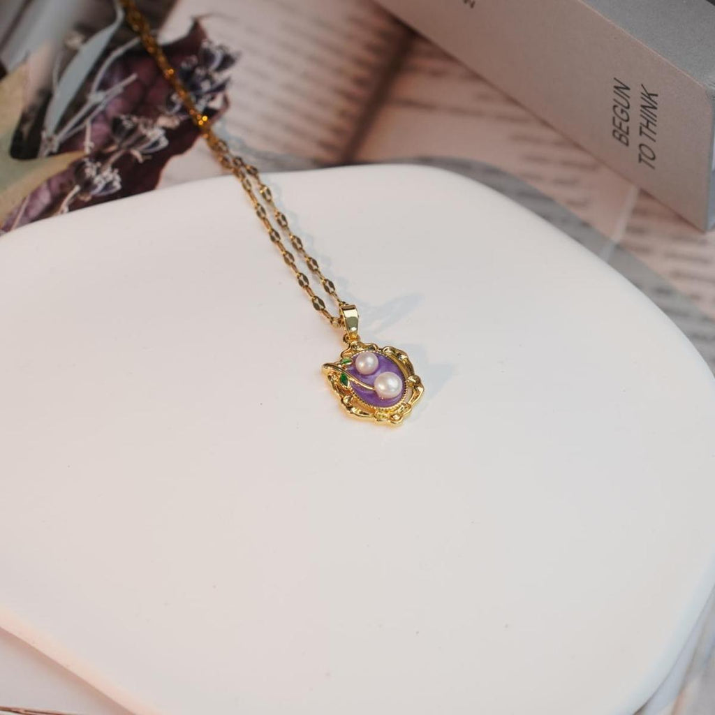【Pendant Necklace】 Purple Enamel & Pearl Pendant with Cute Pearl, Antique-Inspired Jewelry for Ladies
