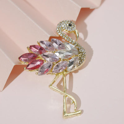 Flamingo Brooch Gold-Toned Gradient Stones - Tropical Vacation Style Gift for Trendy Girls