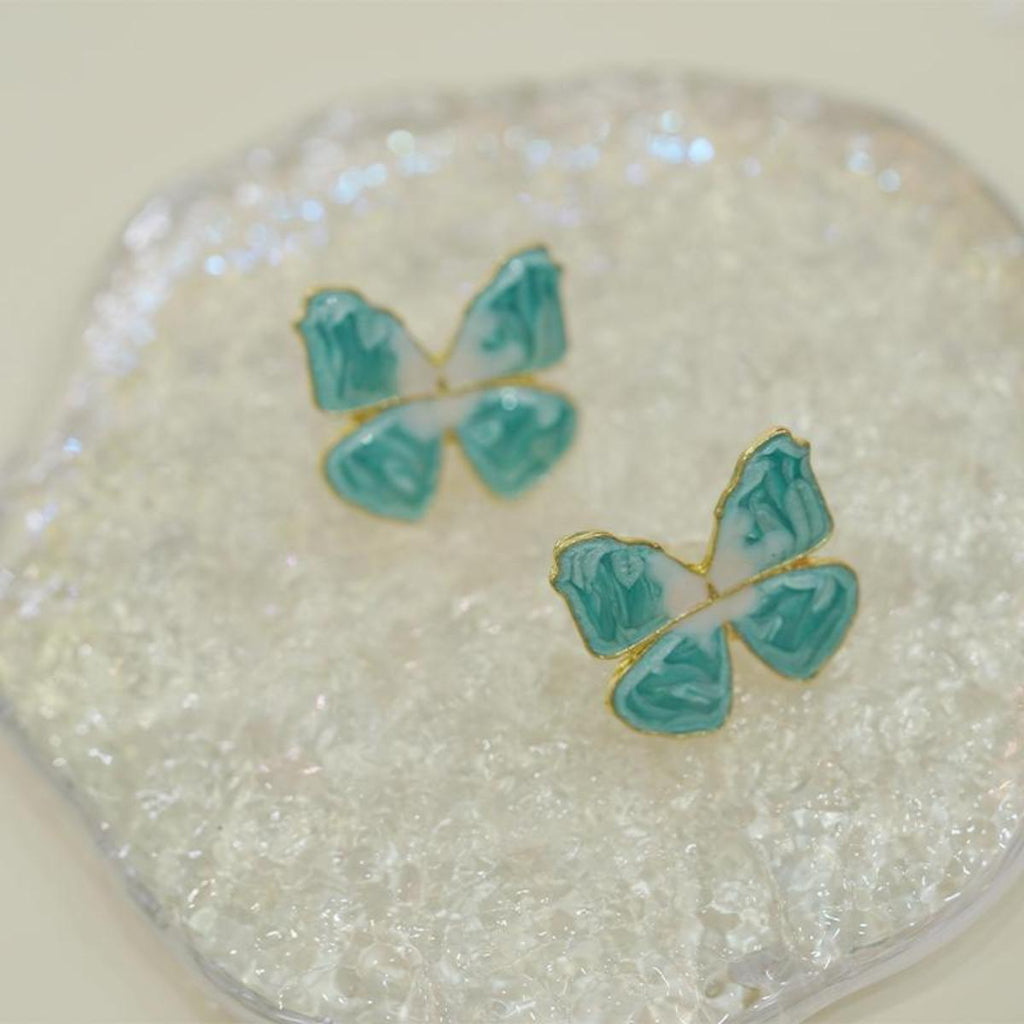 Anting-anting Stud, Kancing Rama-rama Kecerunan Biru-Putih Bermata, Bertekstur Cantik, Untuk Wanita, Bersalut Emas