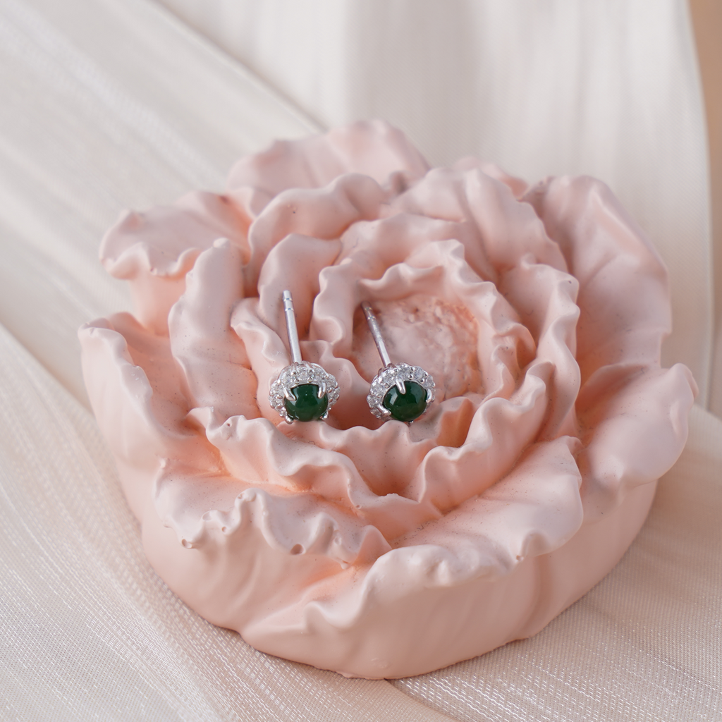 Jade Stud Earrings for Women, 925 Sterling Silver Green Jade Earrings with Cubic Zirconia Halo, Elegant Minimalist Studs, Gift Ready