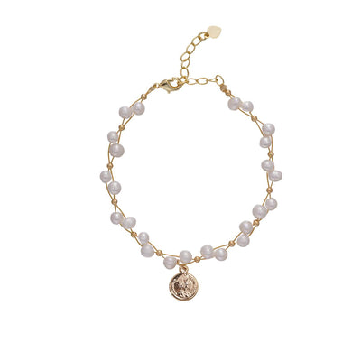 【Bracelet】 Interweave Copper with Natural Freshwater Pearl Adjustable Bracelet, Delicate Pendant and Heart End, Versatile Accessory for Women