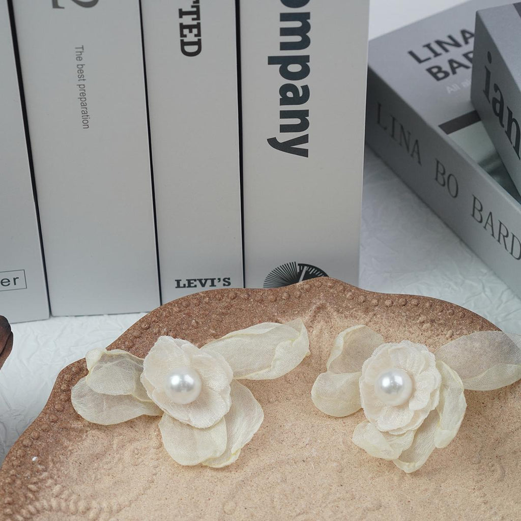 【Stud Earrings】Pink/White Fabric Flower Earrings with Pearl, Romantic & Sweet for Fashion Girls