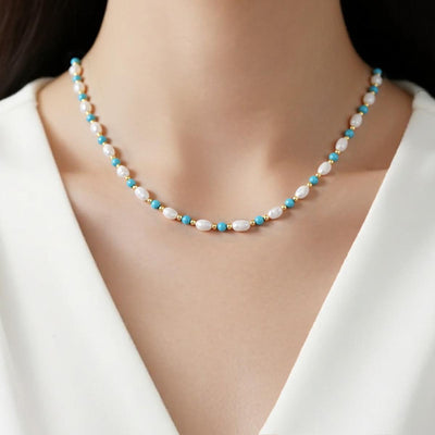 【Necklace】Turquoise Stone Natural Freshwater Pearl Copper Necklace,Delicate Jewelry for Women
