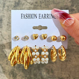 New Gold Color Big Circle Hoop Earring Set for Women Fashion Bohemia Vintage Pearl Earring Heart Zircon Ear Studs Jewelry Gifts