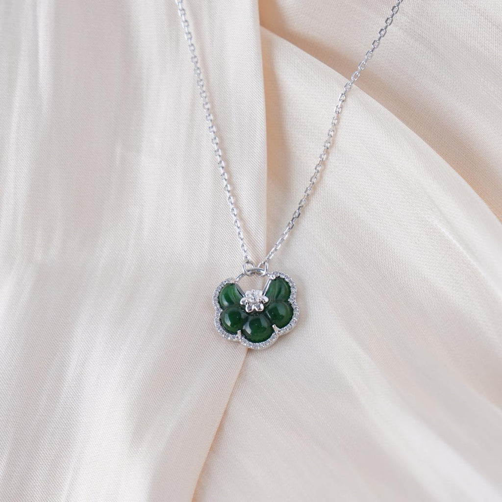 【Pendant Necklace】S925 Sterling Silver Green Jade Flower Pendant with Zirconia Accents, Vintage Floral Jewelry, Elegant Daily Gift for Women