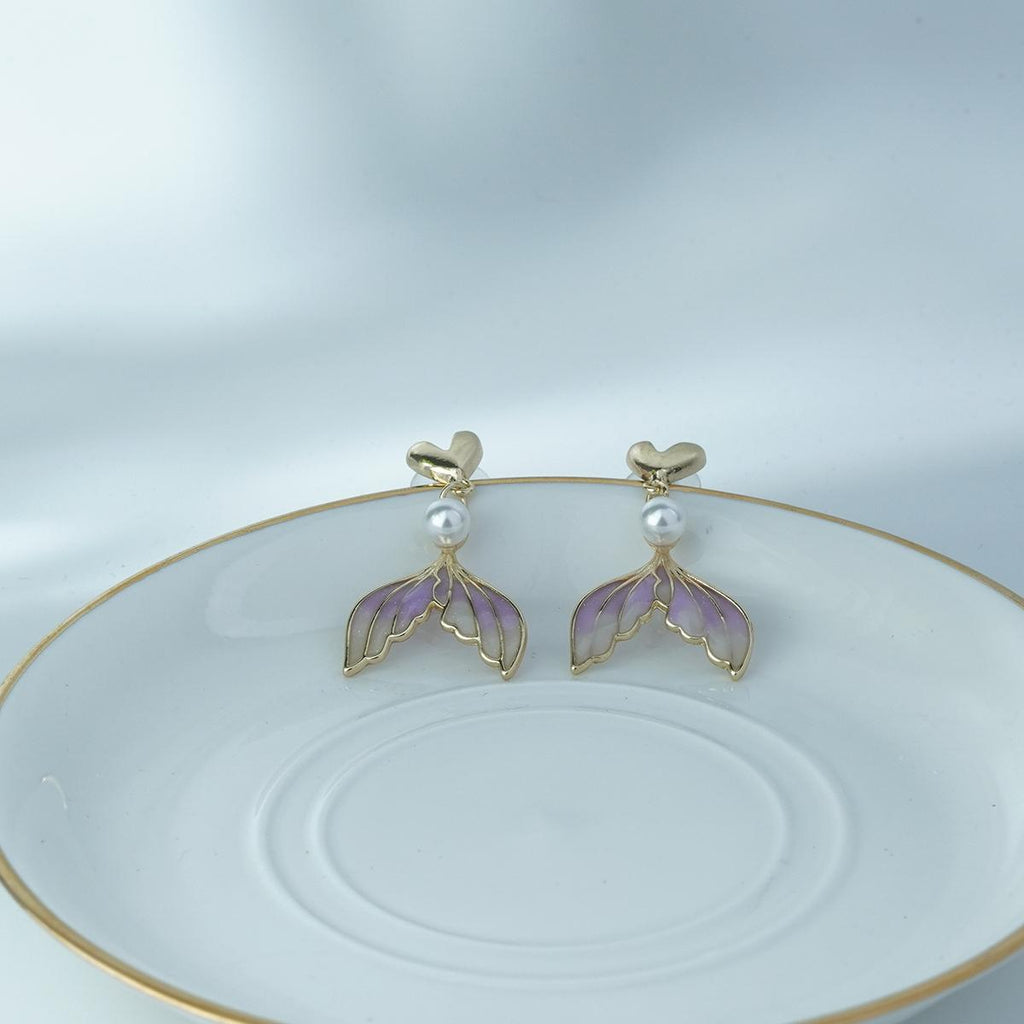 【Drop Earrings】Alloy Purple Gradient Mermaid Tail Earrings with Pearl & Heart, Romantic Fairycore Jewelry for Women