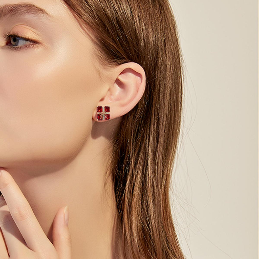 【Stud Earrings】Black/Red Gift - Box & Bow Earrings, Elegant & Playful, Ideal for Women Loving Party Glam