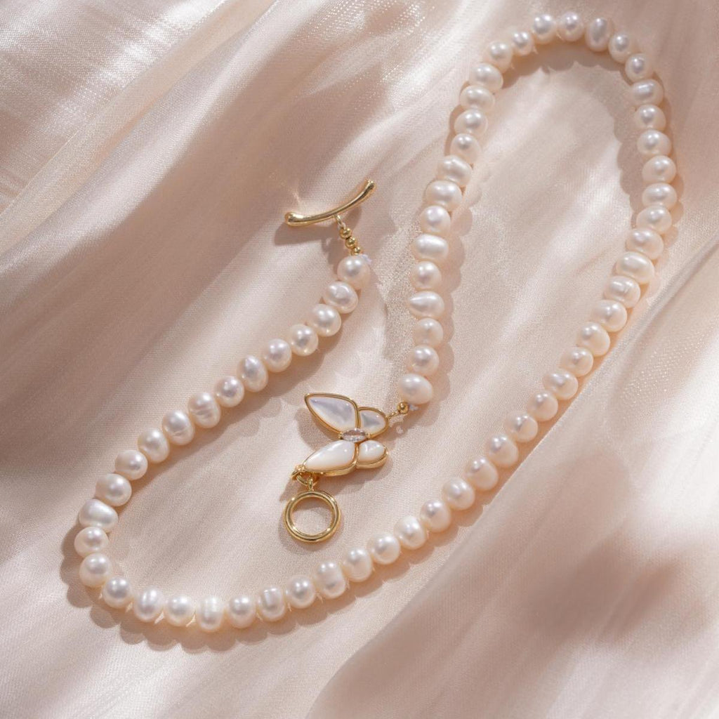 Elegant Natural Freshwater Pearl Necklace - Butterfly Accent - Feminine Charm for Everyday Wear