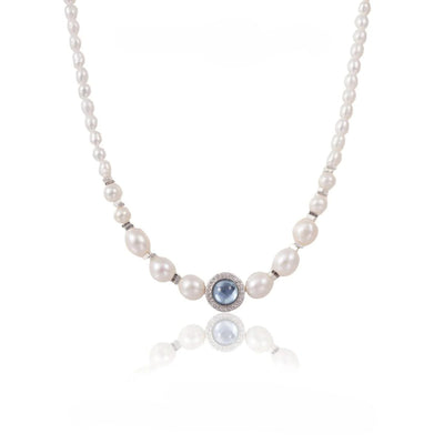 【Necklace】Aquamarine Stone Accent Silver Chain Natural Freshwater Pearl Necklace, Perfect Gift for Women, Best Dating Wear