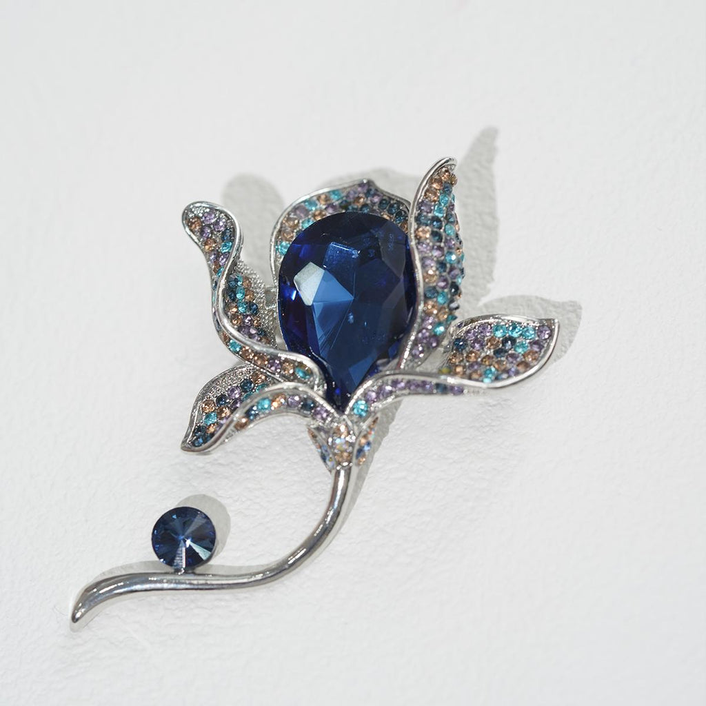 Elegant Flower Brooch with Deep Blue & Crystals - For Formal Attire & Women's Fashion Accessory