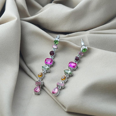 【Drop Earrings】Silver Plated Alloy Earrings with Multi Color Stones, Glam Retro & Artistic Style for Ladies