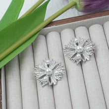 Load image into Gallery viewer, 【Stud Earrings】Silver-Tone Sun-like Pearl Cluster Studs - Linear &amp; Pearl Accent - Effortless Sophistication for Everyday