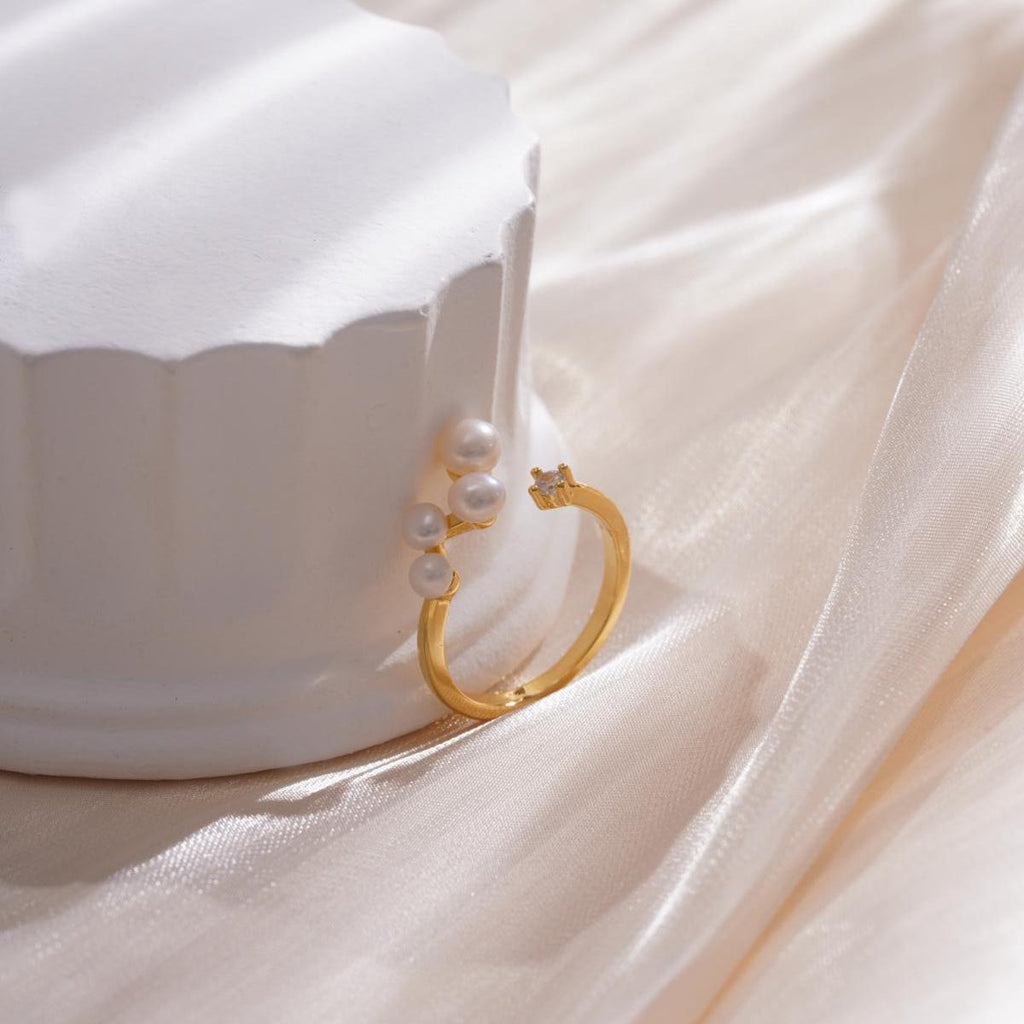 Adjustable Pearl & Crystal Ring, Antique Gold Copper Jewelry, Minimalist Boho Chic Statement Piece for Women
