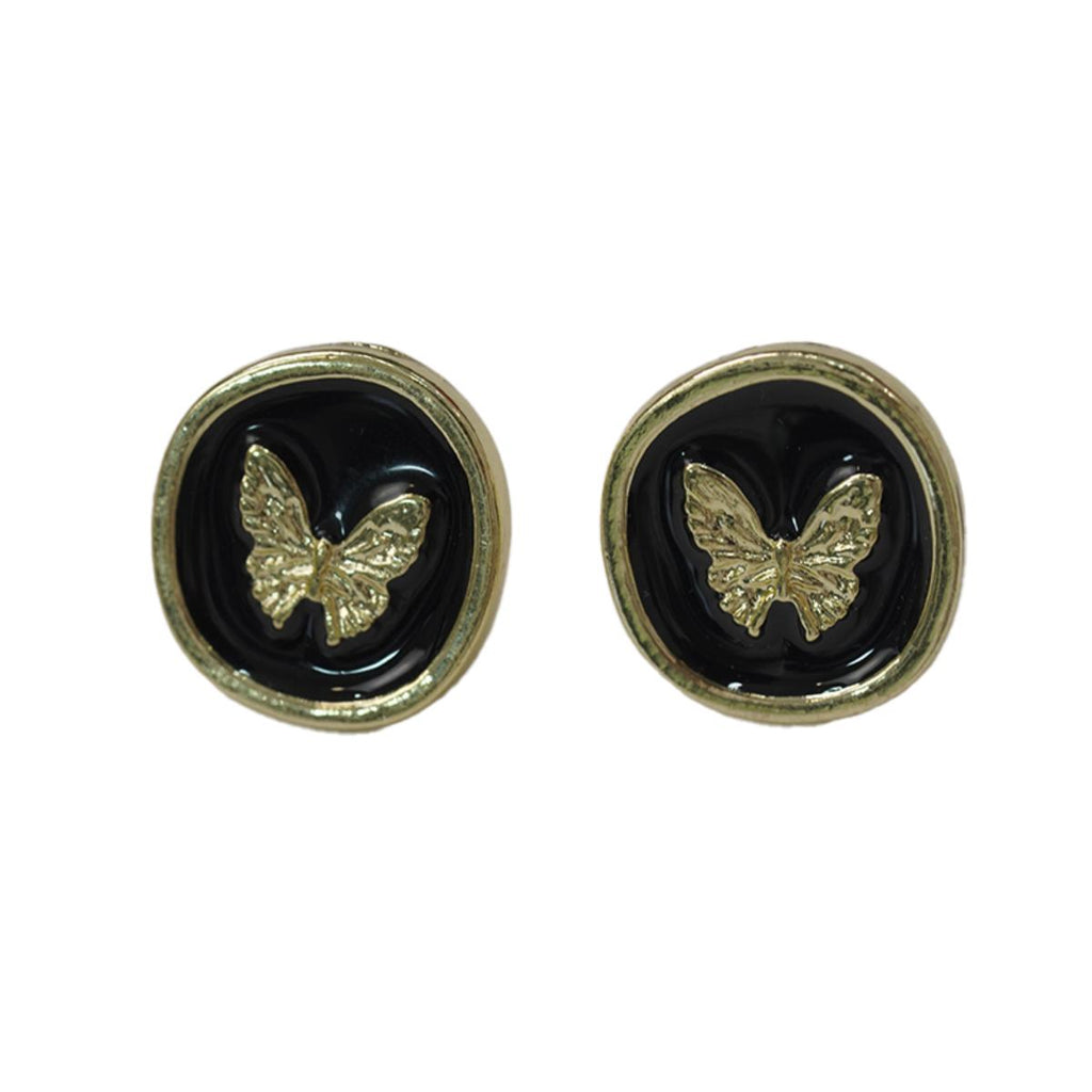 【Stud Earrings】Gold-Edged Black Round Studs W/ Textured Butterfly, Vintage Style