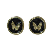 Load image into Gallery viewer, 【Stud Earrings】Gold-Edged Black Round Studs W/ Textured Butterfly, Vintage Style