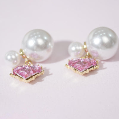 【Drop Earrings】Alloy Pearl & Pink Heart Zircon Studs,Gold-Edged Heart Drop for Girls
