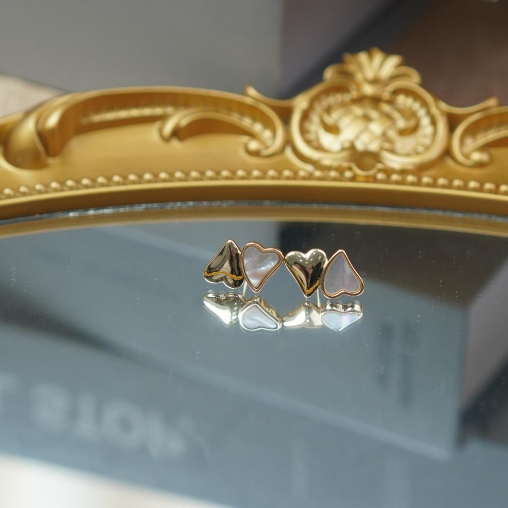 【Stud Earrings】Silver/Golden Toned & Shell Double-Heart Earrings, Romantic & Chic, For Fashion Ladies