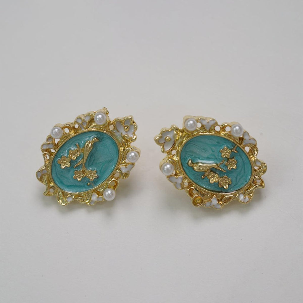 Anting-anting Stud, Bahan Aloi, Anting-anting Bunga Burung Biru-Emas, dengan Mutiara dan Tepi Berongga, Barang Kemas Retro Elegan, Untuk Wanita