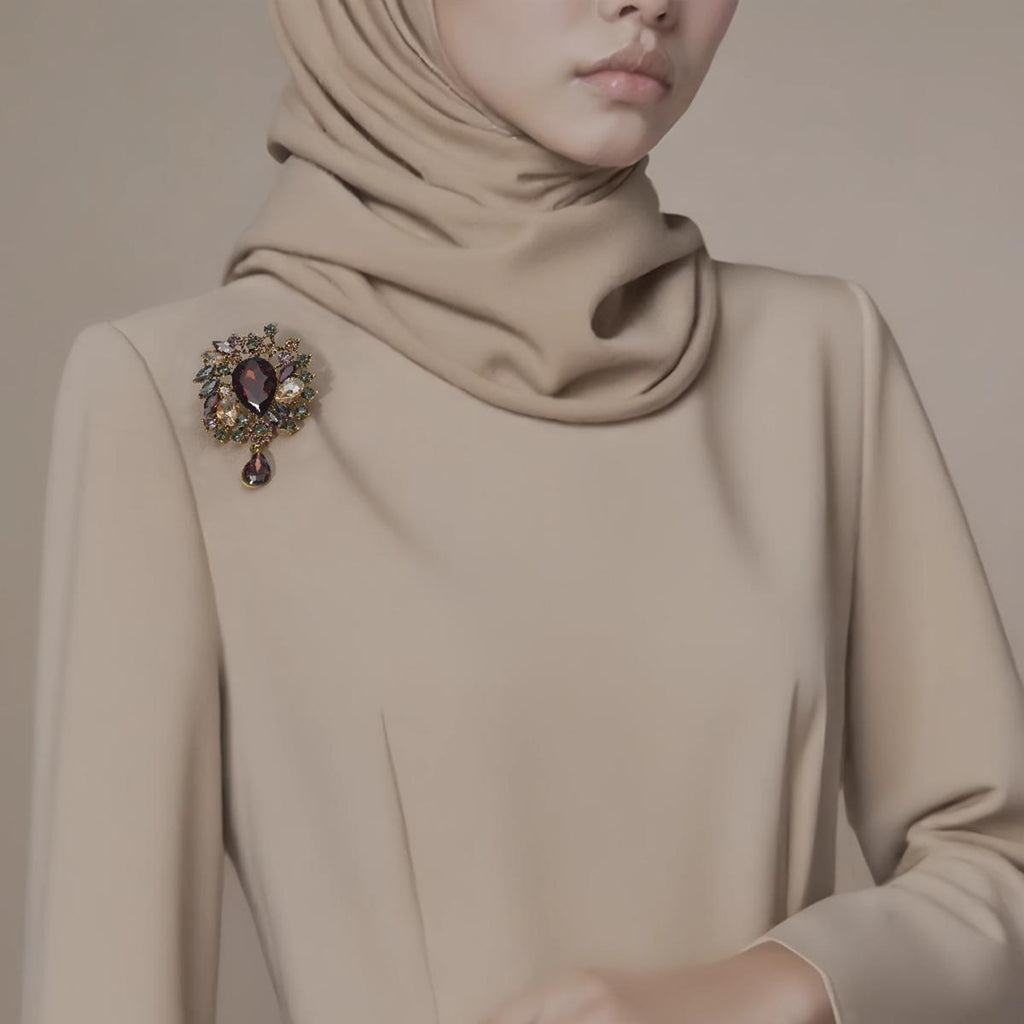 Kerongsang Bunga, dengan Loket Titisan Air Mata, Barang Kemas Batu Permata Elegan, Untuk Wanita Muslim Tudung pin brooch
