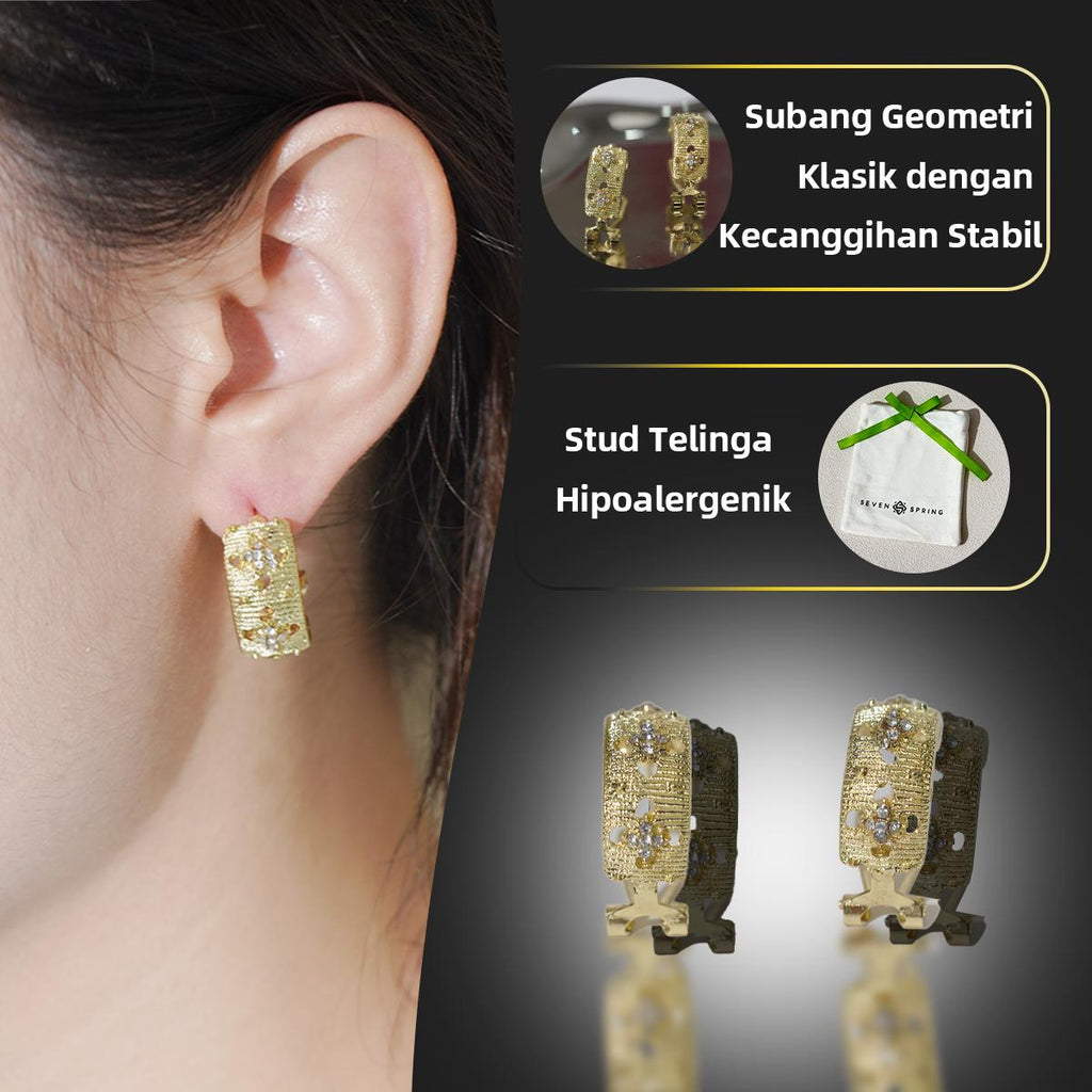 Subang Separuh Gelung, Bersalut Emas, Tekstur Berus dan Motif Semanggi, Untuk Wanita, Subang Gelung