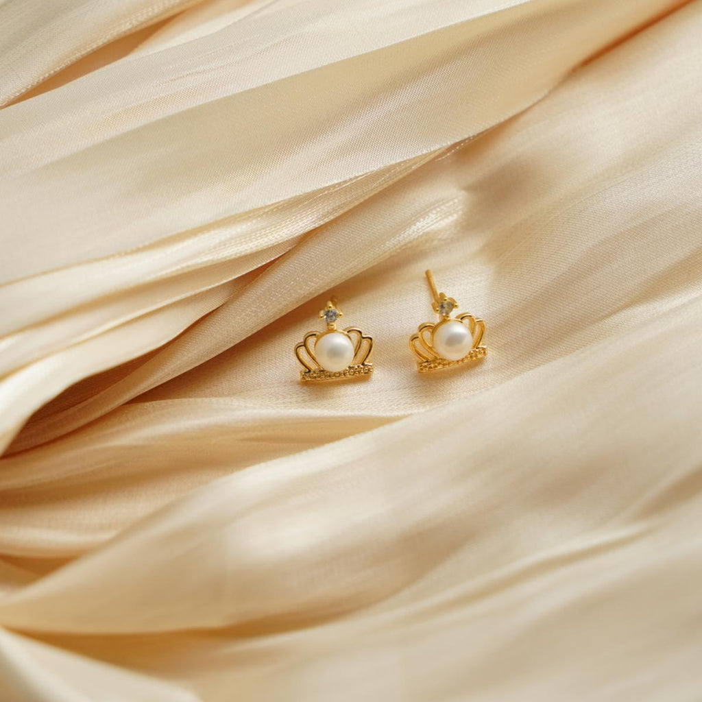 【Stud Earring】Golden Crown-Shape Natural Pearl Stud Earring with Silver Post, Luxury Elegant Jewelry for Women