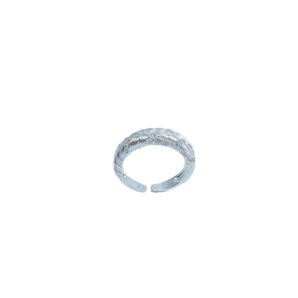 【Open Ring】Silver/Gold-Plated Copper Rings, Braided Texture with Zircons, Trendy Retro Jewelry for Women