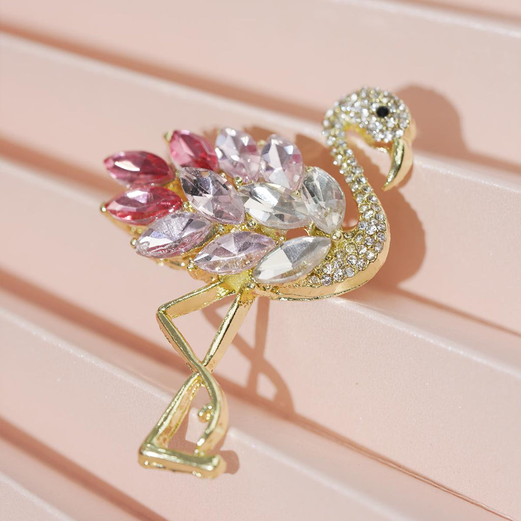 Flamingo Brooch Gold-Toned Gradient Stones - Tropical Vacation Style Gift for Trendy Girls