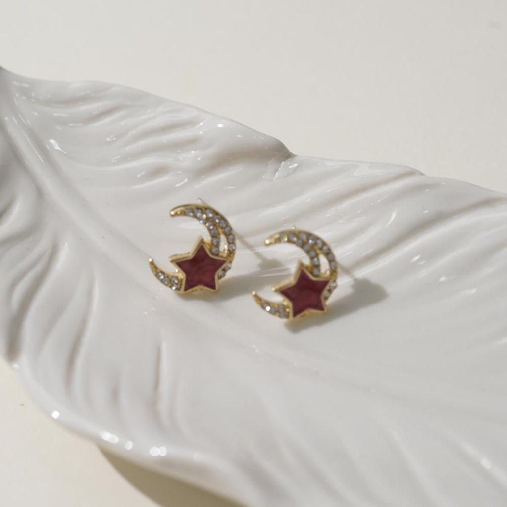 【Stud Earrings】Gold-Plated Alloy Star-Moon Studs - White Rhinestone-Edged Design for Gifts
