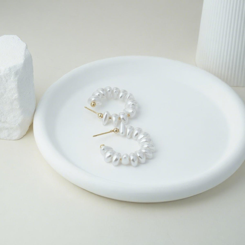 【Hoop Earrings】Pearl-White Alloy Plated Gold Earrings, Delicate & Chic Daily for Fashion Ladies.