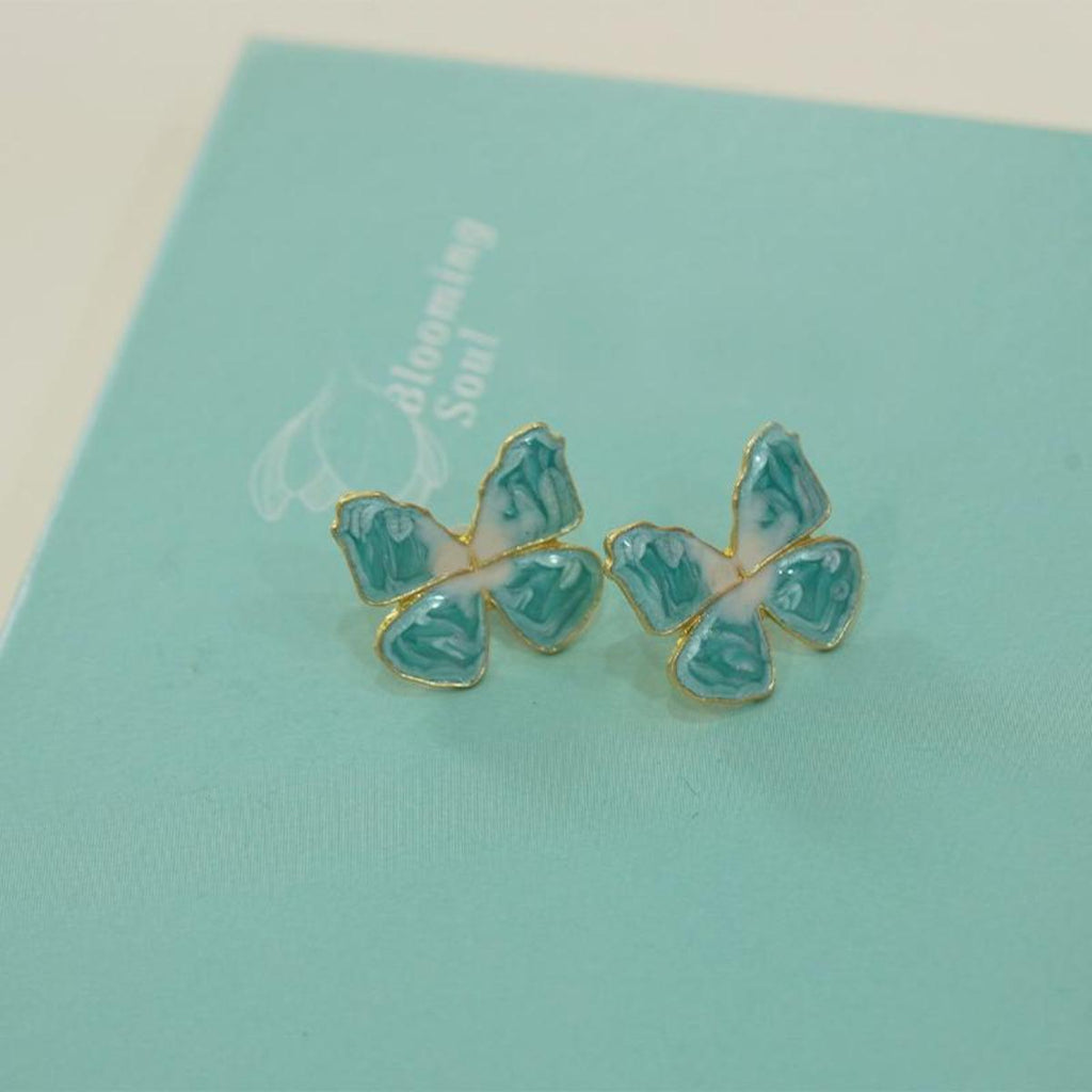 Anting-anting Stud, Kancing Rama-rama Kecerunan Biru-Putih Bermata, Bertekstur Cantik, Untuk Wanita, Bersalut Emas