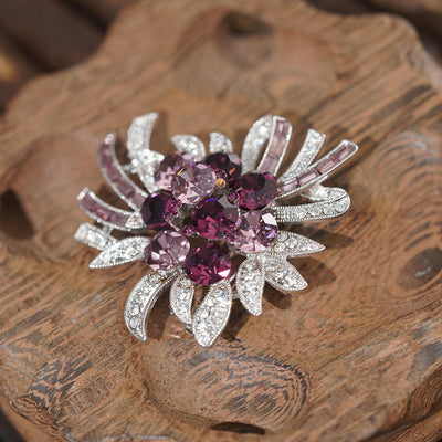 Purple Gem Blossom Brooch - Leaf Design with Sparkling Accents for Women (Festival Accessory)