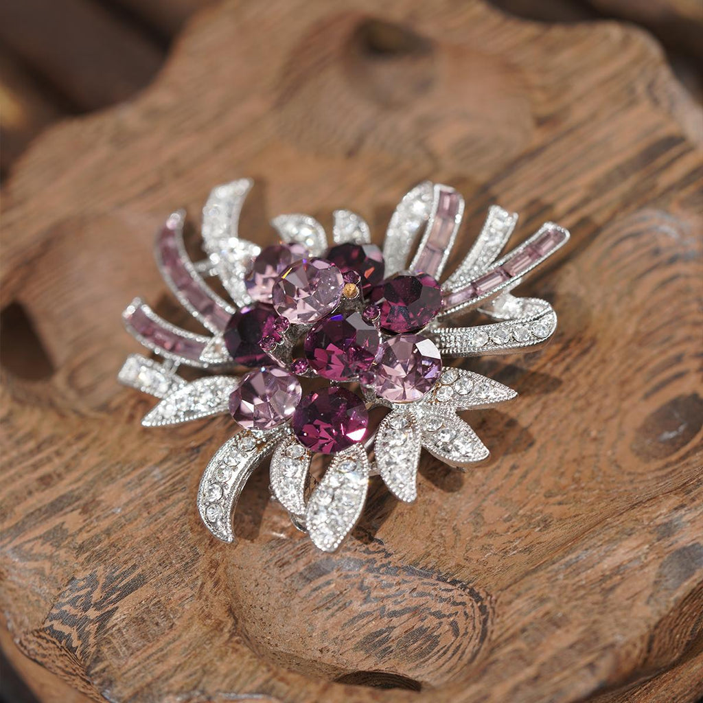 Kerongsang Bunga Permata Ungu, Reka Bentuk Daun, dengan Aksen Berkilauan, Untuk Wanita, Sesuai untuk Aksesori Perayaan Muslim Tudung pin brooch