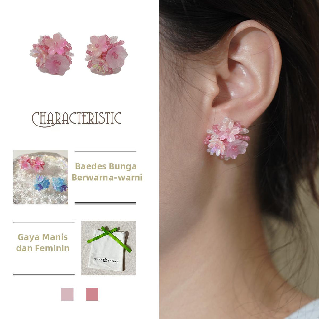 Subang Stud, Buatan Tangan, Bunga Manik, Merah Jambu dan Biru, Subang Manis Harian, Untuk Wanita