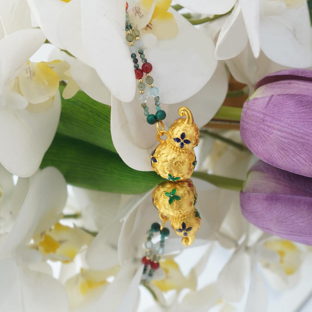 【Pendant Necklace】Oriental Charm Beaded Necklace, Copper & Gemstone Jewelry, Painted Gourd Pendant, Boho Ethnic Gift for Women