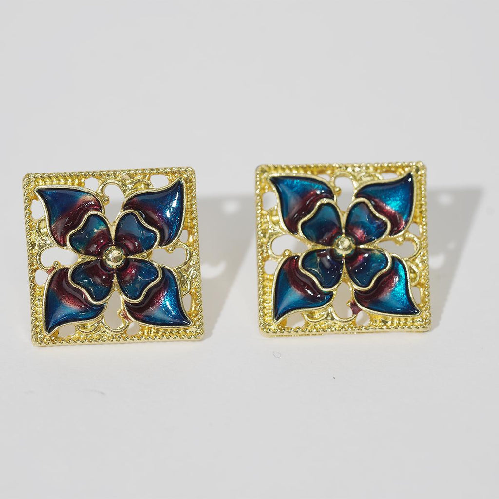 【Stud Earrings】Blue - Purple Gradient Flower with Gold Filigree Frame for Women