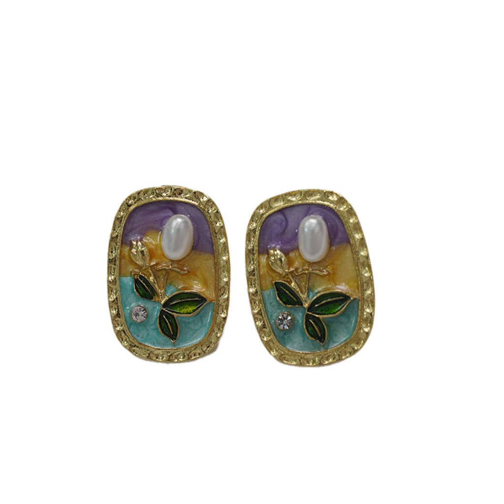 Anting-anting Stud, Gaya Vintaj, Aloi Lukisan Minyak, Bentuk Bujur, Warna Ungu, Emas dan Biru, Sesuai untuk Wanita