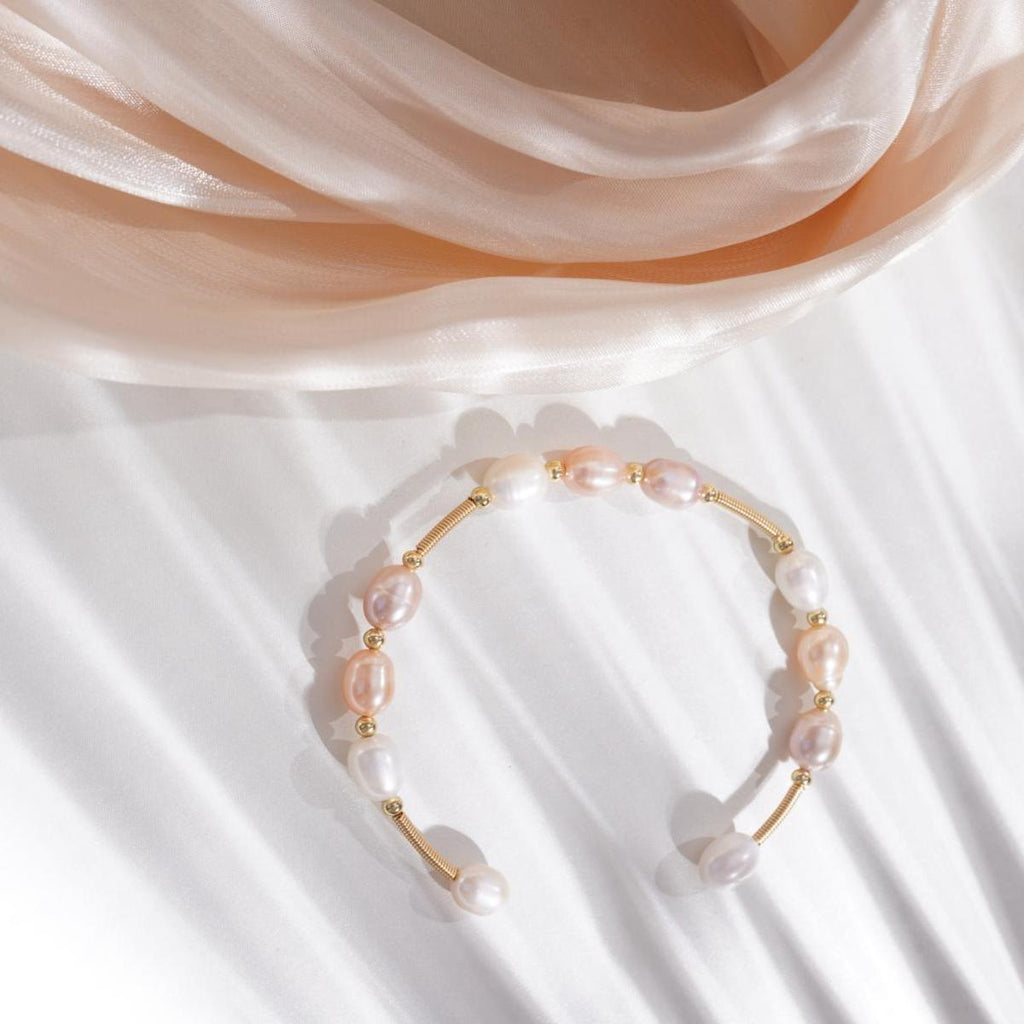 【Bracelet】Open-Ended Design Copper Bracelet with Three Colors Natural Pearl, Low-Profile Delicate Bracelet for Women