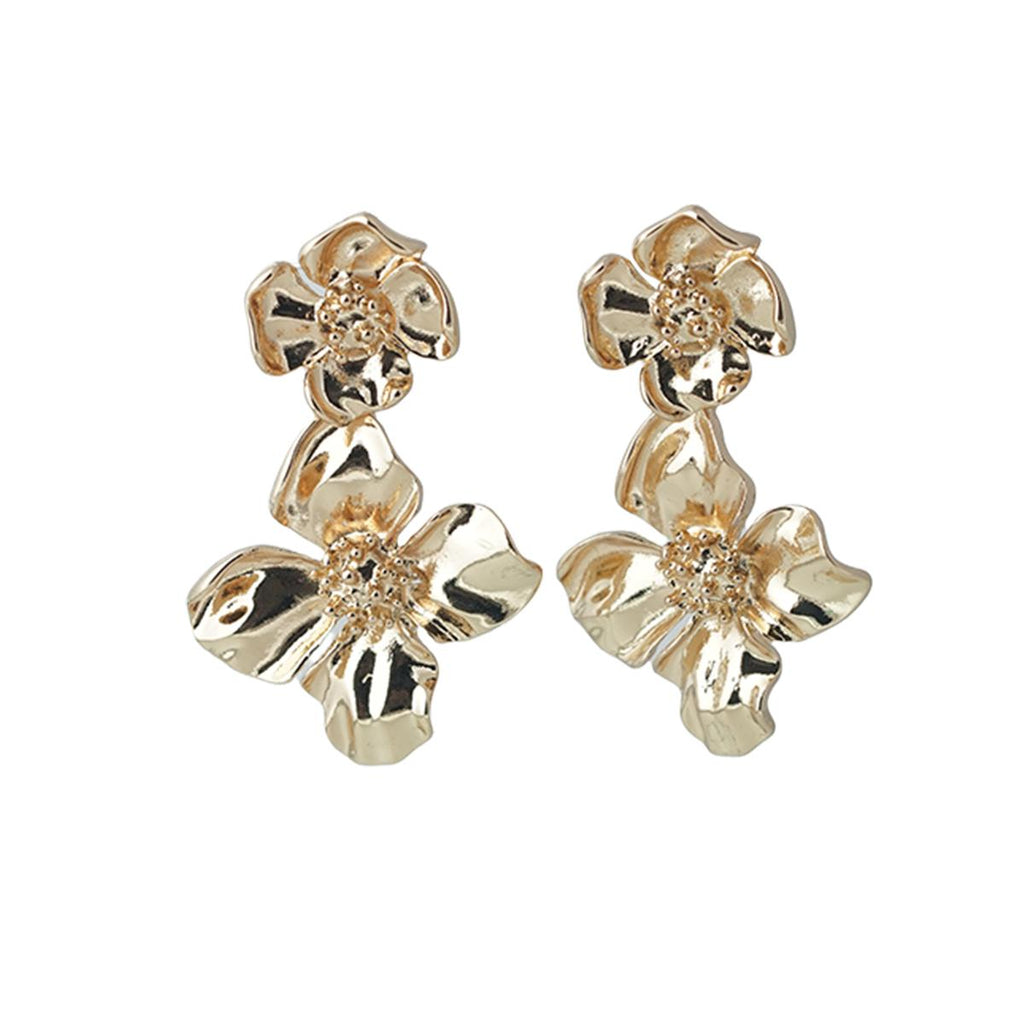 【Drop Earrings】Gold Plated Metel Double Flower Earrings, Retro-Elegant & Minimalist for Fashion Ladies