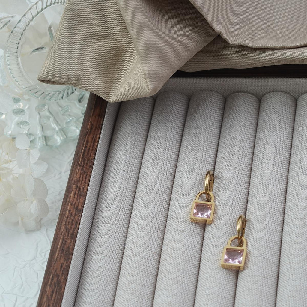 【Drop Earrings】Gold Plated Lock Earrings with Pink Crystal, Romantic & Stylish for Trend-chasing Women