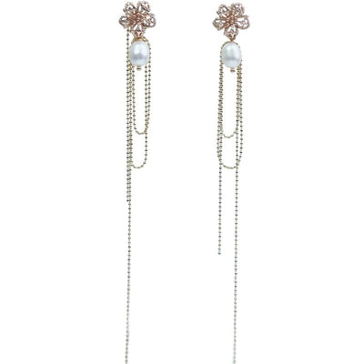 【Earrings】Layered Petal Pearl Earrings Gold Bead Chains Asymmetrical Dangle Lightweight Design for Ladies