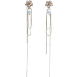 【Earrings】Layered Petal Pearl Earrings Gold Bead Chains Asymmetrical Dangle Lightweight Design for Ladies