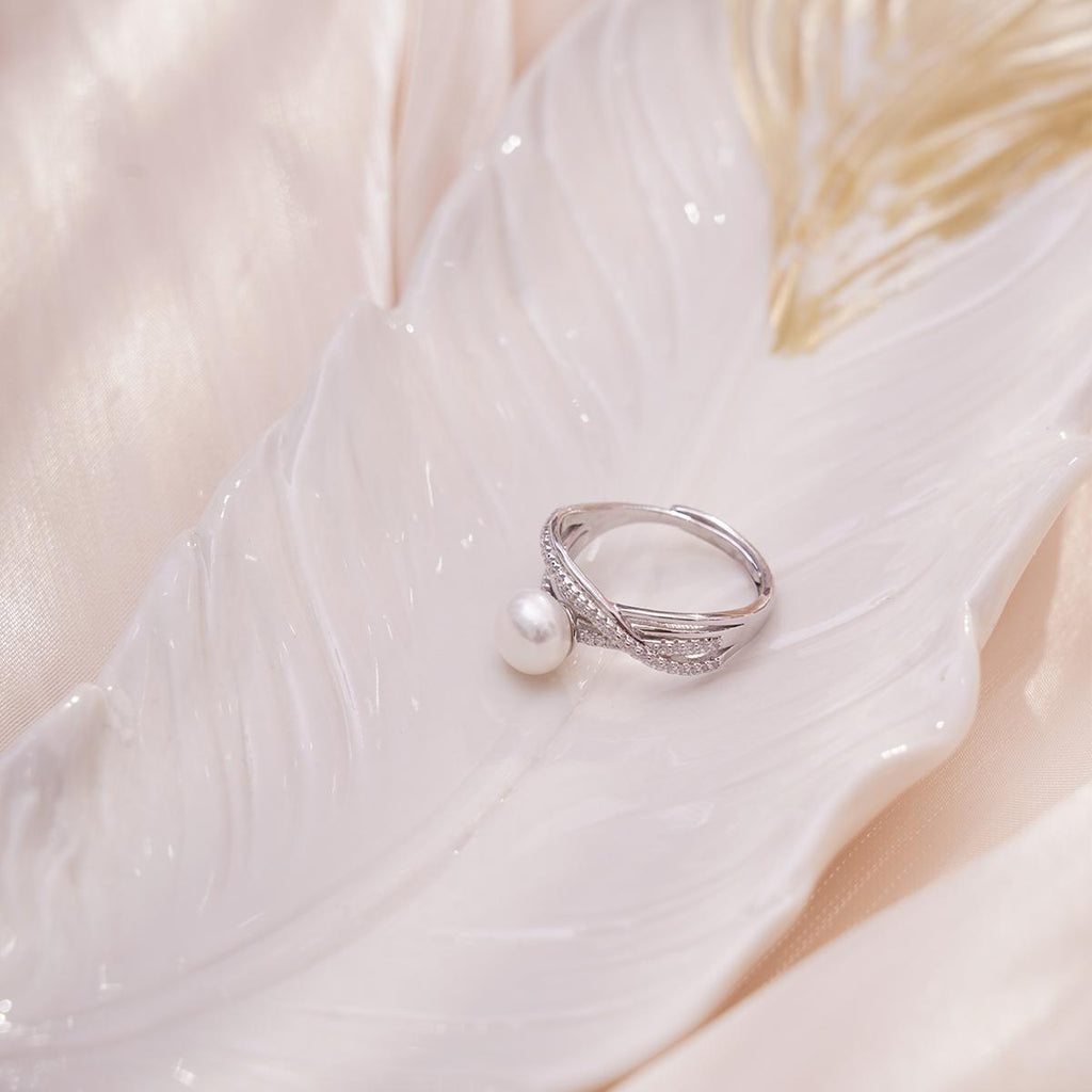 【Ring】Silver Ring Natural Freshwater Pearl, Shining Zircon Cross-Band Design, Elegant Jewelry for Women, Perfect Gift for Lover