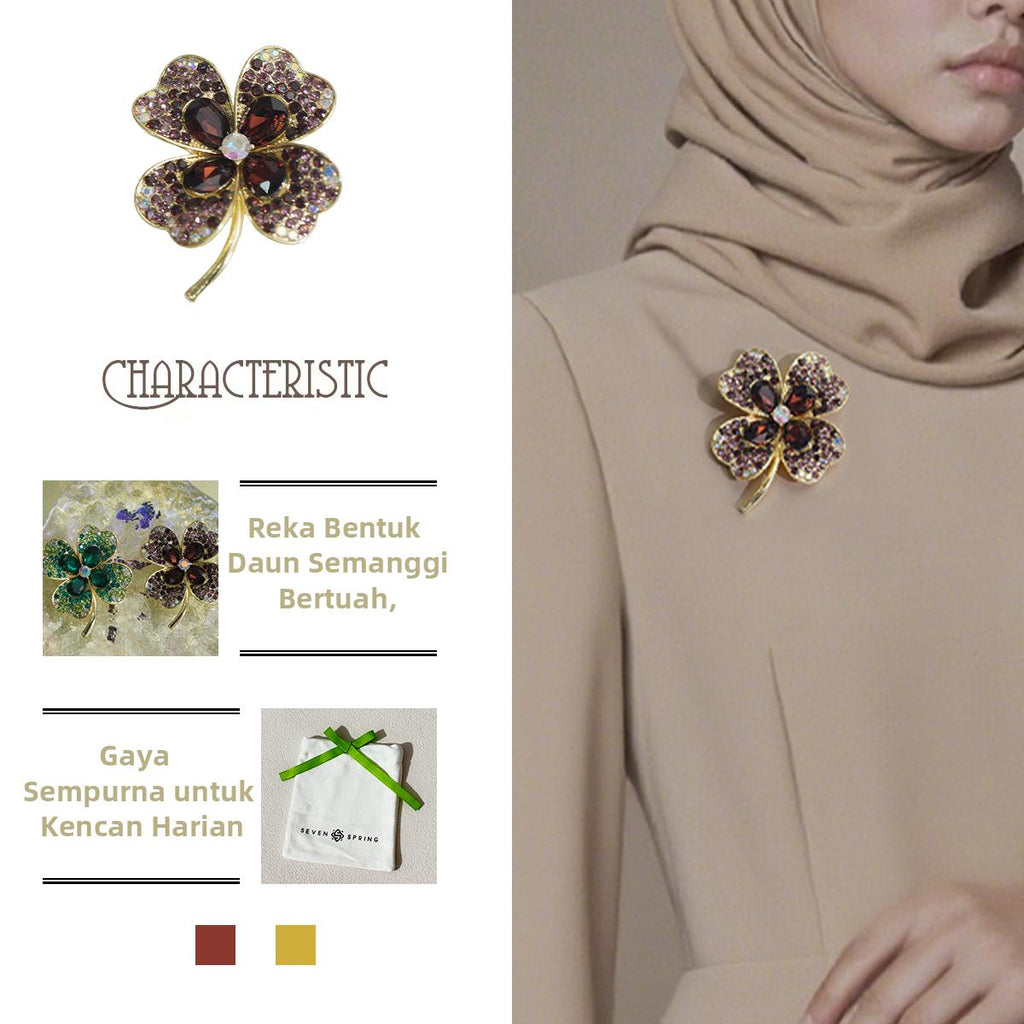 Kerongsang Semanggi Bertuah, Bingkai Aloi Emas, Warna Hijau / Ungu, Pesona Bersinar, Sesuai untuk Gaya Segar pin  brooch