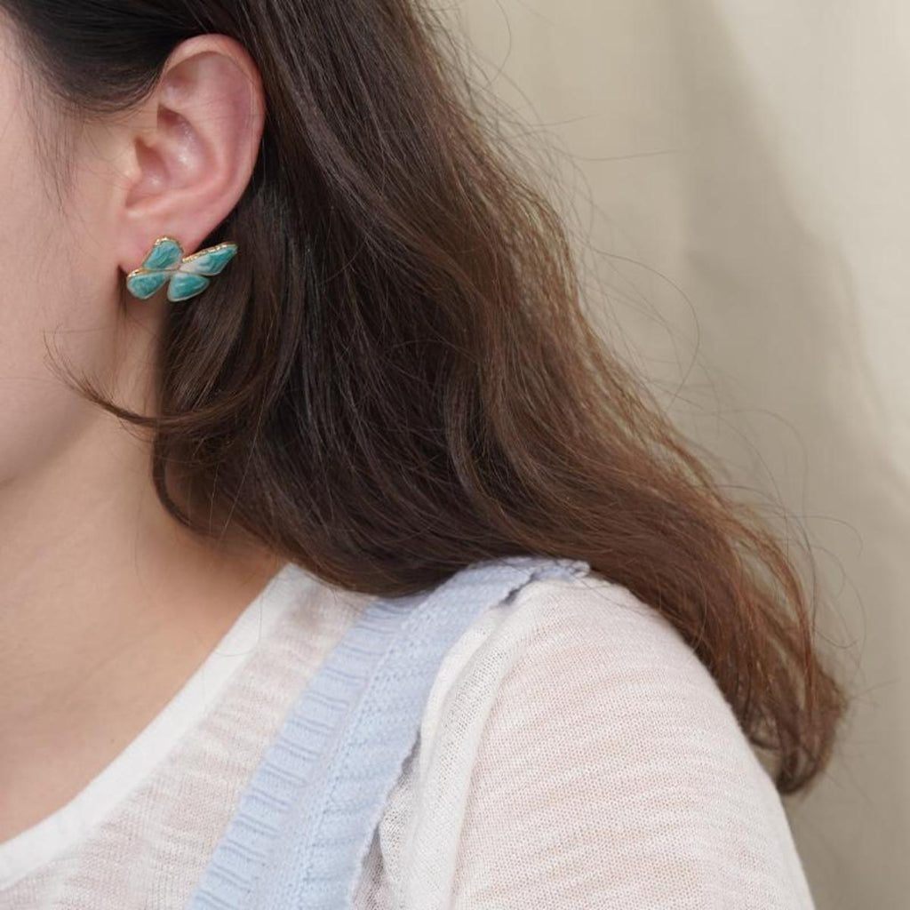 Anting-anting Stud, Kancing Rama-rama Kecerunan Biru-Putih Bermata, Bertekstur Cantik, Untuk Wanita, Bersalut Emas