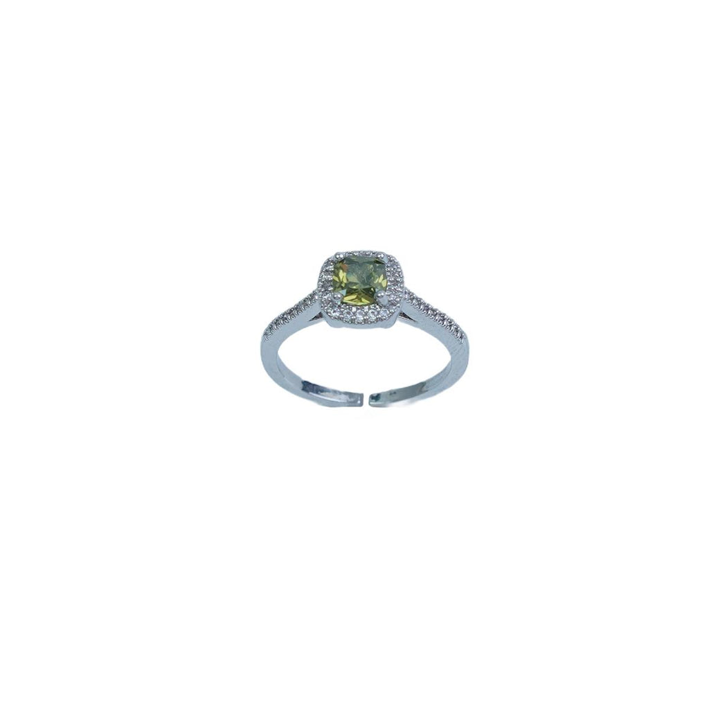 【Open Ring】Silver Plated Copper Alloy Rings with Olive Green/Yellow Zircon Center, Elegant Daily Jewelry for Women
