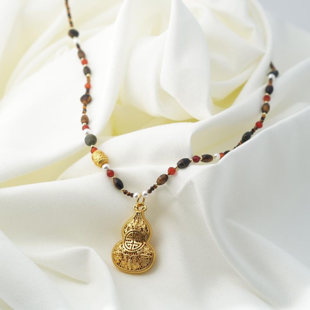 【Pendant Necklace】Oriental Boho Beaded Necklace, Copper & Gemstone Jewelry, Lucky Gourd Charm, Ethnic Layering Piece for Women