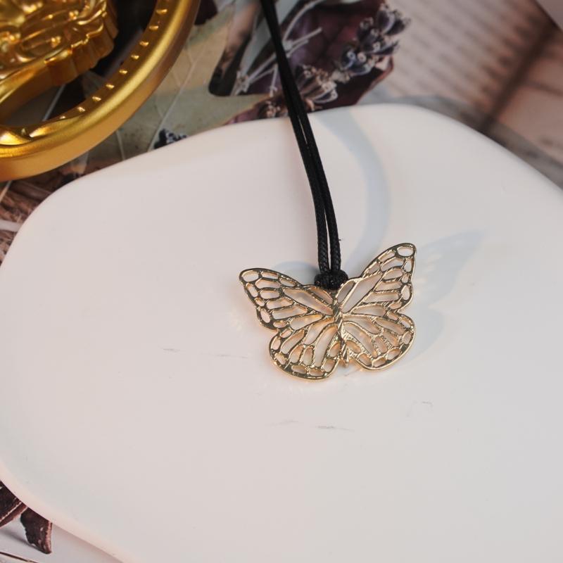 【Pendant Necklace】 Gold-Tone Butterfly Hollow-Out Pendant with Black Cord Necklace for Women - Elegant Lightweight Design, Everyday Versatile Jewelry