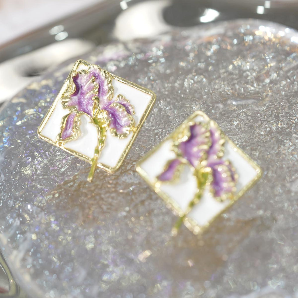 【Square Stud Earrings】Gold-Plated Purple Flower Artistic Studs for Daily Chick