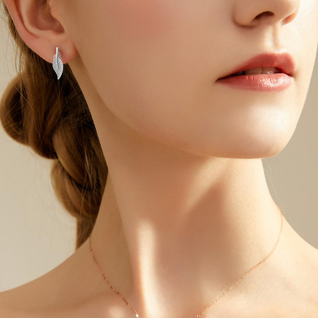 【Stud Earrings】Zircon Inlaid Feather Stud Earrings, Light & Sparkly, Ideal for Women Loving Natural Style Accessories